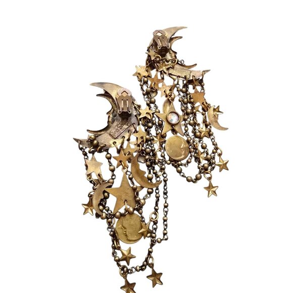 Vintage Jack Smile Signed Moon & Star Chain Clip Earrings (A9489) - Picture 4 of 6